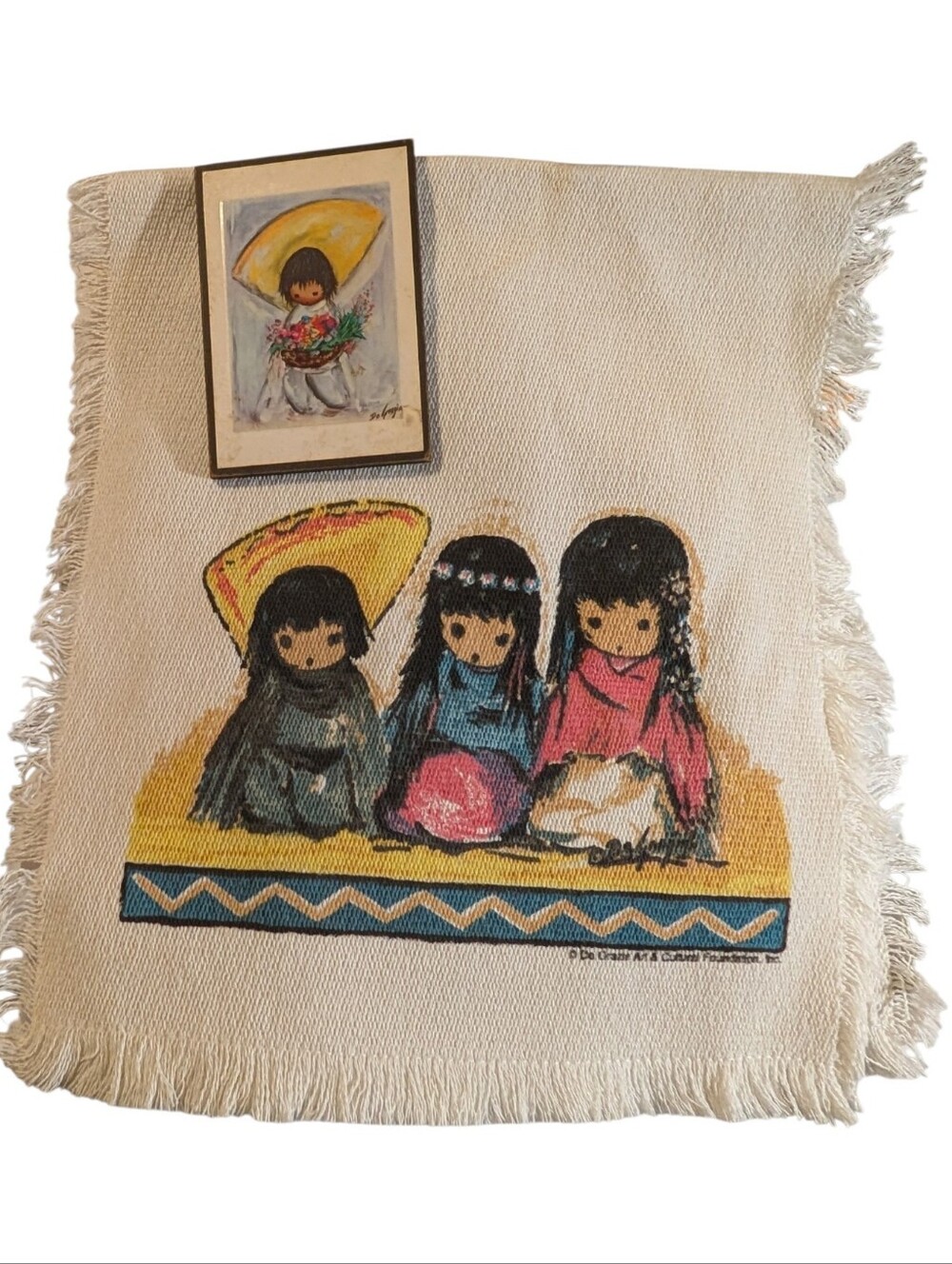 Vintage Ted DeGrazia Woven Tapestry Table Runner / Towel & Framed Miniature Art